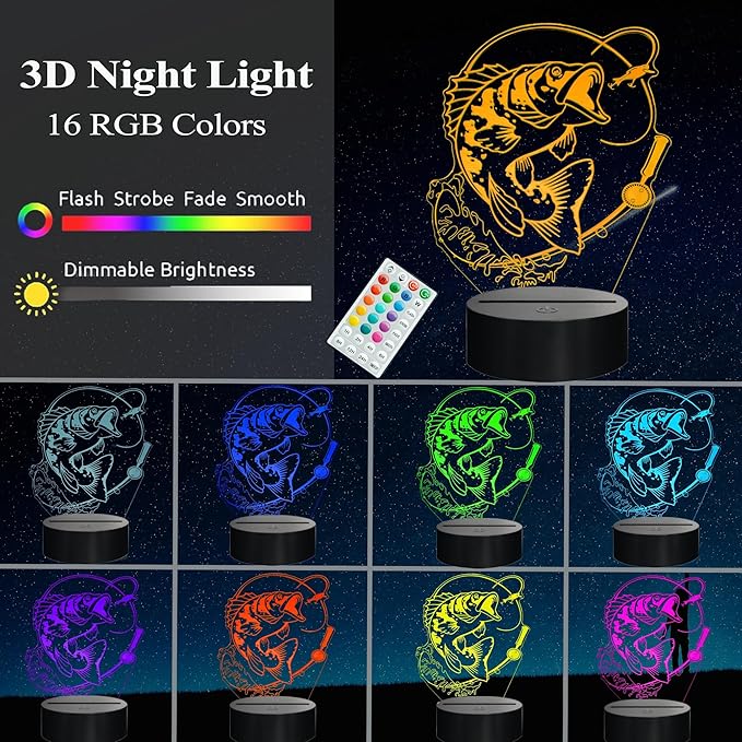 Fish Night Light, Fish 3D Illusion Lamp, Go Fishing Man Gifts with 16 Colors Changing, Timer, 4 Flash Modes and Dimmable, Kids Room Decoration, Xmas Fishing Gifts - Bloomnest