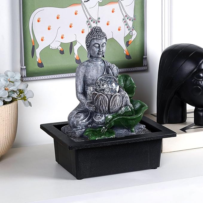 Buddha’S Lotus Tabletop Indoor Fountain for Home Decor Spiritual Decor for Home Office & Meditation Spaces (Height: 28 Cm) Black with Free Type-A Adapter - Bloomnest