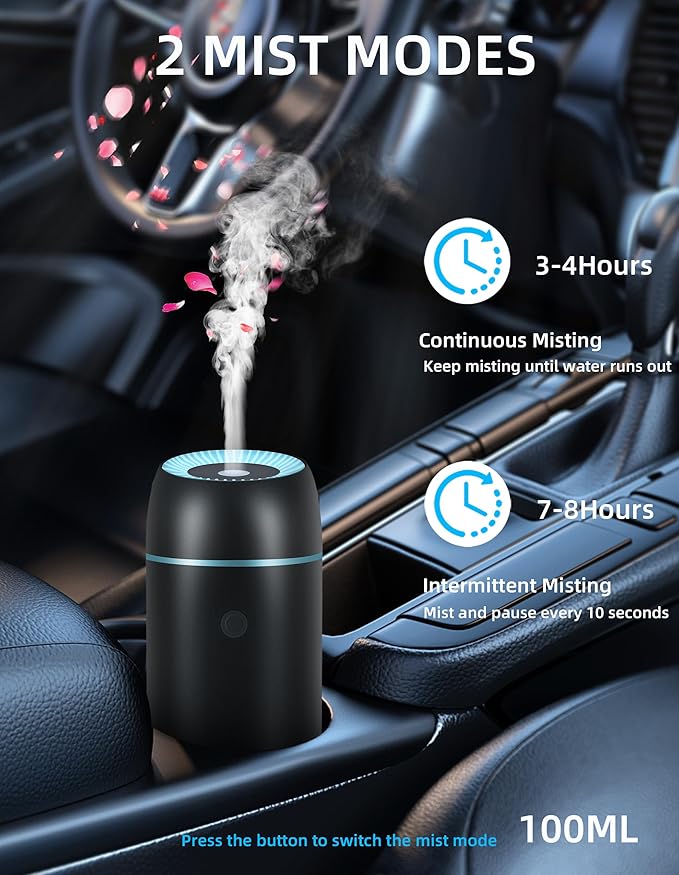 Car Diffuser for Essential Oils Portable Mini Ultrasonic Mist Humidifier 100ml USB Aromatherapy Diffuser Freshener with Colorful Lights for Small Space Home Office Bedroom (Black) - Bloomnest