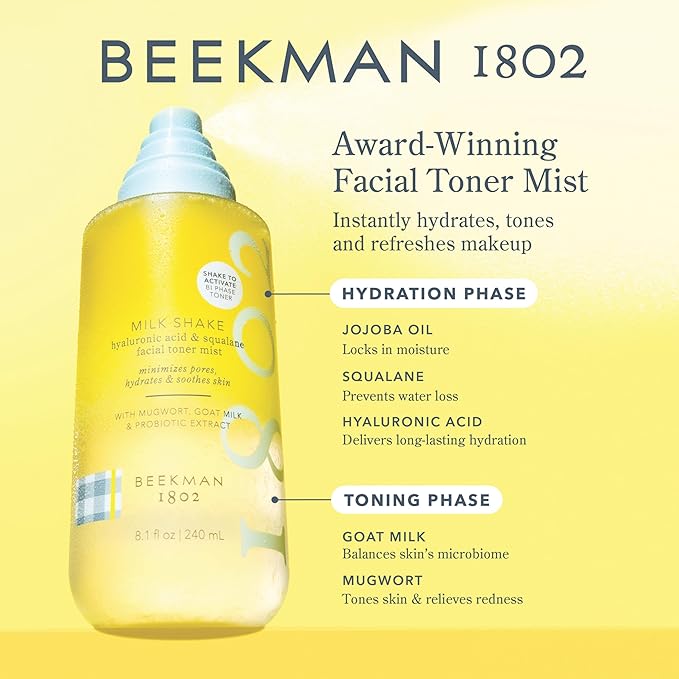 Beekman 1802 Milk Shake Hydrating Face Mist - Hyaluronic Acid & Squalane Facial Mist Minimizes Pores & Gently Moisturizes - Makeup Setting Spray - Fragrance-Free - Bloomnest