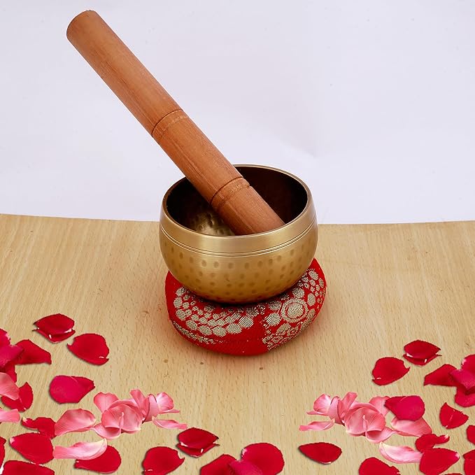 Indian Consigners Tibetan Singing Bowl Set – 3-Inch Hand-Hammered Brass Sound Bowl with Mallet & Silk Cushion – for Meditation, Yoga, Chakra Healing & Mindfulness VisitIndianConsigners