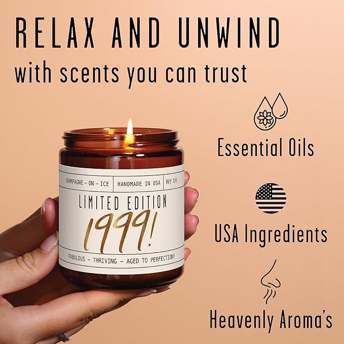 26th Birthday Gifts for Women - 'Limited Edition 1999' Soy Candle, w/Champagne on Ice I 26 Birthday Gifts for Women I 26th Gift for Her Ideas I 9oz Reusable Jar, 50Hr Burn, Made in USA - Bloomnest