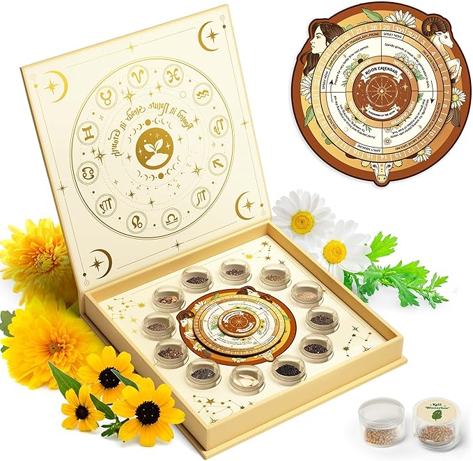 LUSH&DEW Zodiac Garden Seed Bank, 12 Varieties Non-GMO USA-Sourced Heirloom Herb Flower Seeds with Moon Calendar, Gardening Gift for Women Men, Witchcraft Supplies, Earth Sign (Taurus Virgo Capricorn) - Bloomnest