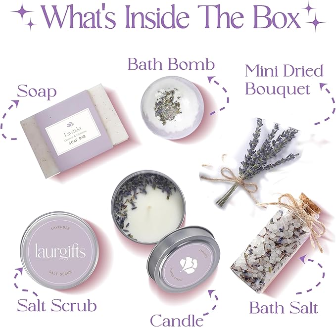 Lavender Spa Gift Box for Women – Small Candle Set with Bath Gifts, Relaxing Self Care Spa Set, Birthday Basket for Women, Mom & New Mom - Bloomnest