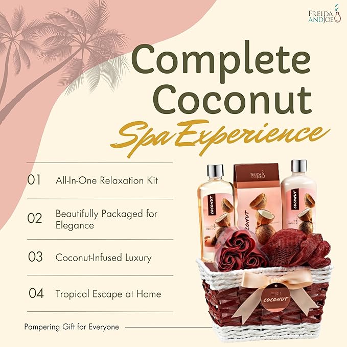 Coconut Spa Valentines Gift Basket Bath & Body Set with Shower Gel, Body Lotion, Bath Salts, Soap Flowers, Bath Sponge in a Wicker Basket (Pink & Brown Set) - Bloomnest