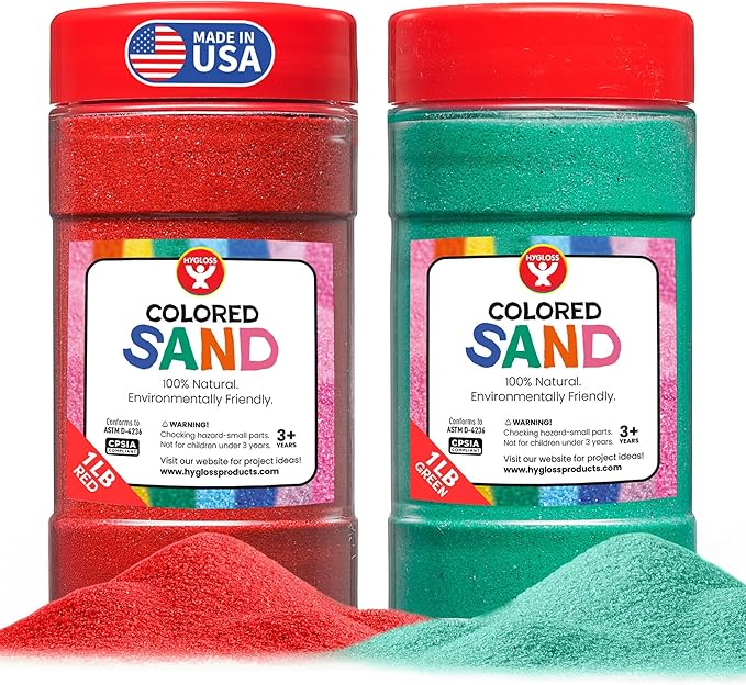 Hygloss Colored Sand for Crafts - 1 lb Bottle, Red and Green - Vibrant Colorful Fine Sensory Play Sand Art Kits for Kids - Classroom Activities for Children 3 4 5 6 7 8 9 10 11 12 - Safe for Ages 3+ - Bloomnest
