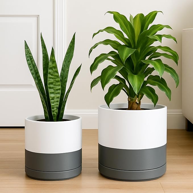 D'vine Dev 8.2 Inch & 10 Inch Ceramic Planter Pot for Plants with Drainage Hole and Saucer, Large Plant Pots Set, White/Speckled Grey, 94-G-L-6 - Bloomnest