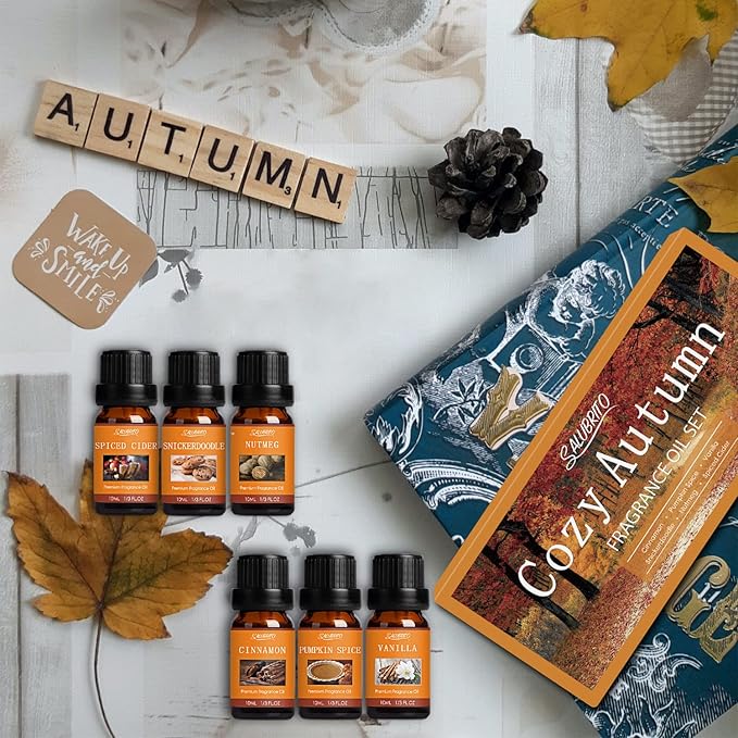 SALUBRITO Fall Fragrance Oils Set, Autumn Essential Oil for Diffuser, Candle Making, Aromatherapy Oils Gift - Cinnamon, Pumpkin Spice, Vanilla, Snickerdoodle, Spiced Cider, Nutmeg, 6x10ml - Bloomnest