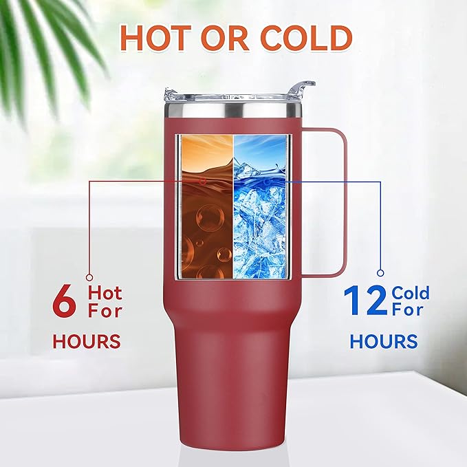 HASLE OUTFITTERS 40 oz Stainless Steel Tumbler with Handle, Vacuum Insulated Tumblers Bulk, Reusable Double Wall Travel Coffee Mug, Durable Powder Coated Water Bottles(Wine Red, 8) - Bloomnest