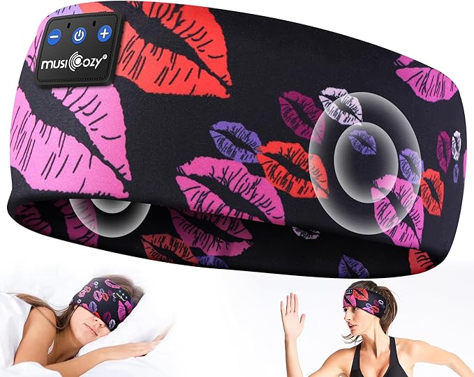 MUSICOZY Sleep Headphones Bluetooth 5.4 Headband, Wireless Earphones Music Sleep Earbuds Sleeping Eye Mask with HD Stereo Speakers for Workout Running Travel Yoga, Ideal Gifts (Rainbow Lip) - Bloomnest