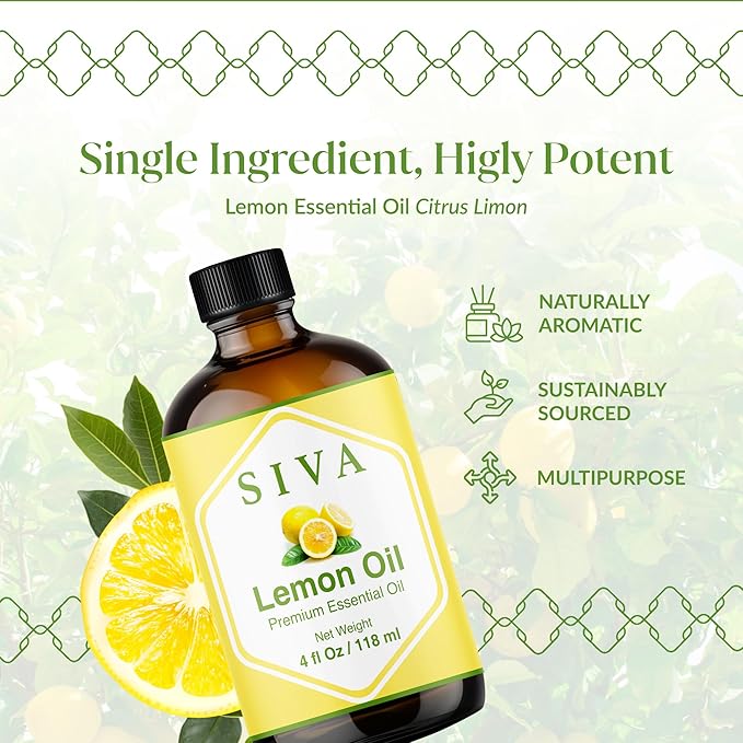 Siva Lemon Essential Oil - 4 Fl Oz – 100% Natural Lemon Oil - for Diffuser, Face, Skin Care, Aromatherapy, Hair Care, Scalp and Body Massage - with Dropper - Bloomnest