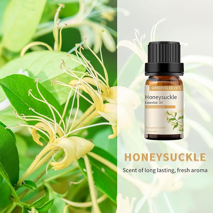 GREENSLEEVES Honeysuckle Lily Essential Oil Set, 2 x 10ml Pure Plant-Based Fragrance Oil for Aromatherapy, Essential Oils for Diffuser, Massage, Bath Bomb, Scented Candle Soap Making GREENSLEEVES