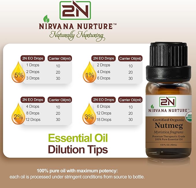 Nutmeg Essential Oil, USDA Certified Organic, 100% Pure Undiluted, Aromatherapy Oil for Diffuser, Hair & Skin Care NirvanaNurture