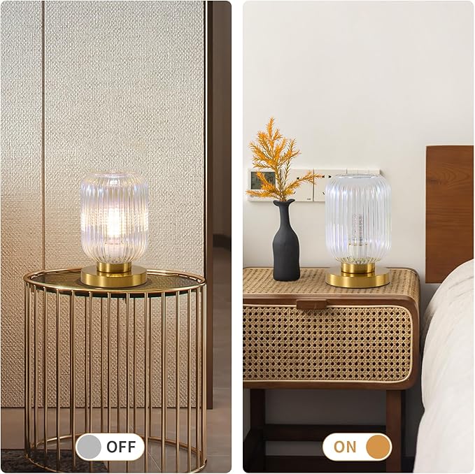 Dimmable Colorful Glass Table Lamp: Mid Century Modern Nightstand Light With Stained Shade - Small Decorative Brass Desk Lamp - Ribbed Glass Bedside Tables Lamps for Bedroom Living Room Bulb Excluded - Bloomnest