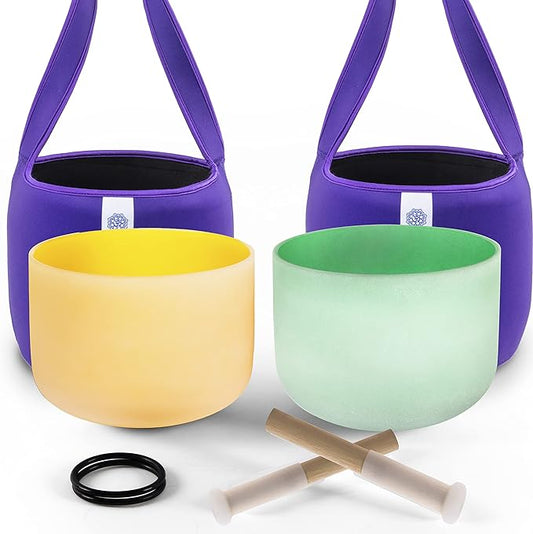 FMTY 10inch Crystal Singing Bowls set prefect pitch(±10HZ) Yellow(Solar plexus)+ Green(Heart) with Soft Carrying Bag Sound Bowls Chakra Bowl