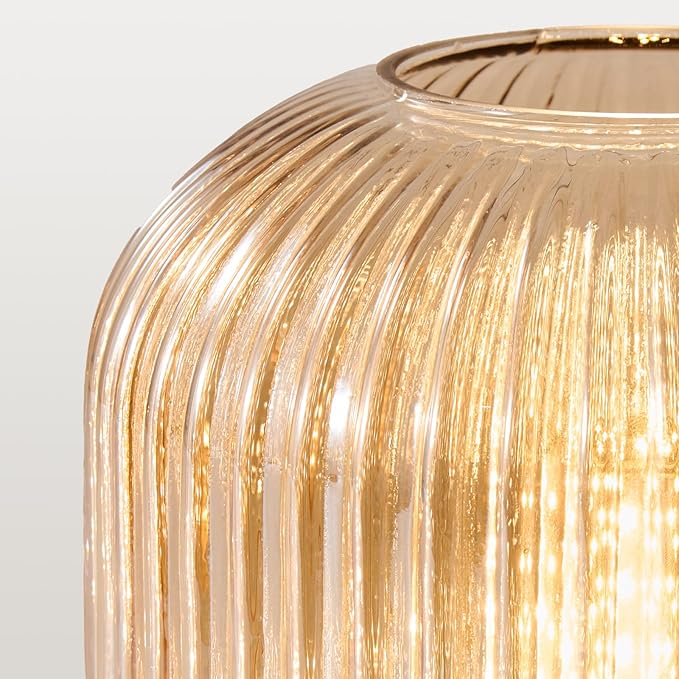 Mid Century Globe Table Lamp: Amber Vintage Pumpkin Ribbed Glass Dimmable Plug in Bedside Lamps - Cute Brass Gold Modern Side Table Lamp Nightstand Light for Bedroom Entryway Office Desk Living Room - Bloomnest
