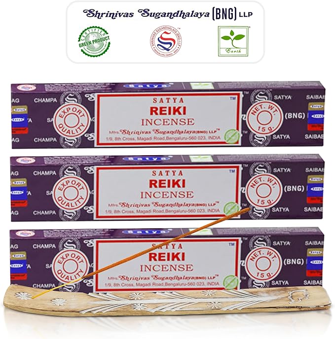 Satya Reiki Incense Sticks, Satya Bng (Bangalore) Insenses 15gmx3 Pack with Raajsee Incense Holder Bundle, Satya Nagchampa Natural Incense - Bloomnest
