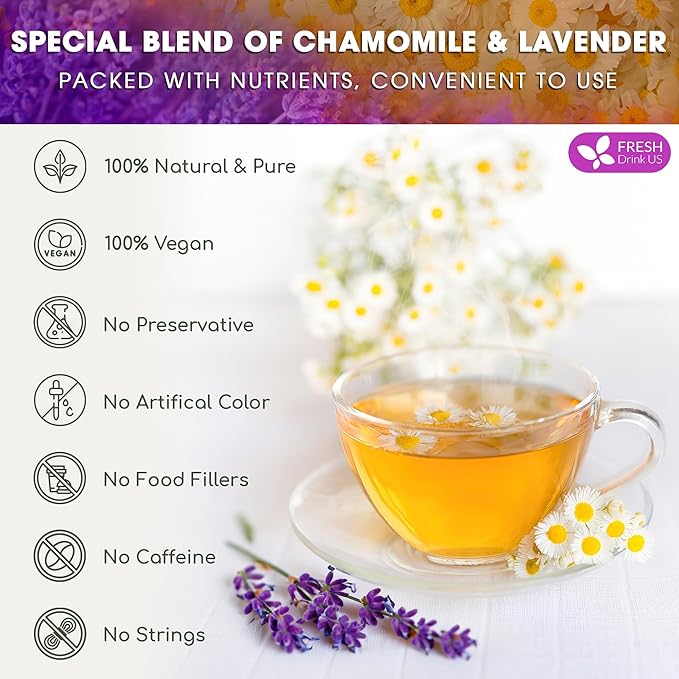 FreshDrinkUS, Premium 135 Chamomile Lavender Tea Bags, 100% Natural Herbal Ingredients, Hand-made Blend of Chamomile Lavender Flowers, Eco-conscious Tea Bags. No Sugar, No Caffeine, No Gluten, Vegan. - Bloomnest