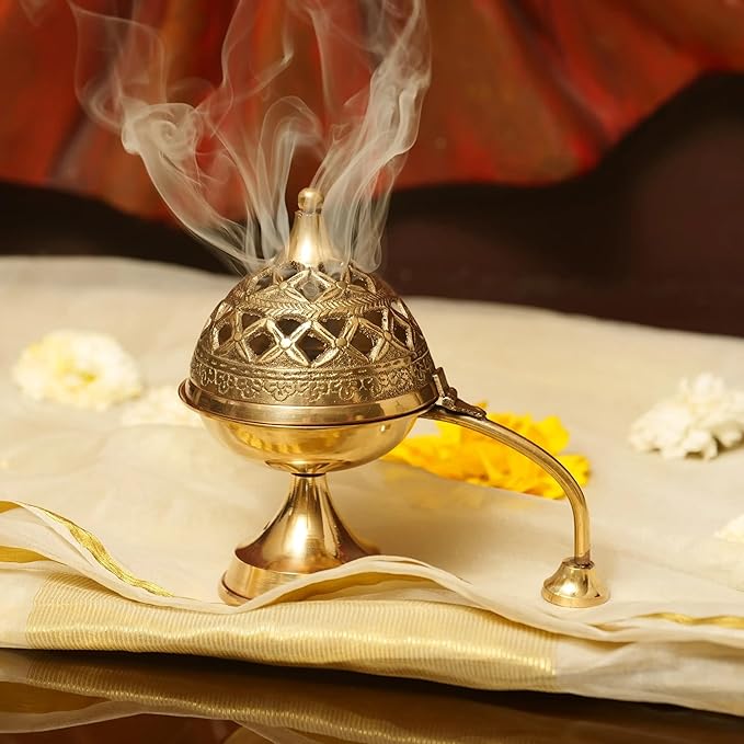 Brass Dhoop Dani with Handle for Puja | Traditional Brass Incense Burner with Dome Lid | Decorative Dhoop Holder for Temple, Home & Spiritual Use | 5 Inch (4 x 4) - Bloomnest