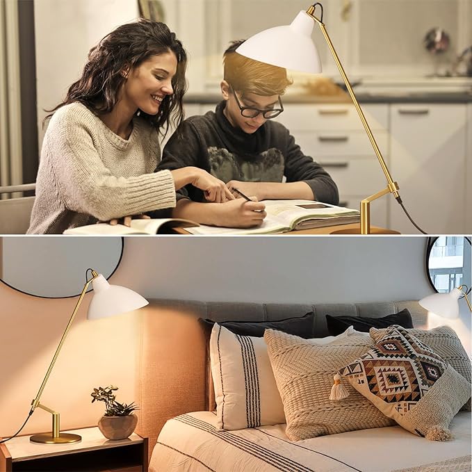 Desk Lamp Modern Industrial 100% Metal Table Lamp 22", Soft White Light (3000K) with Adjustable Switch, Ideal for Office Bedroom Study Room Living Room Nightstand Bedside Lamps White+Brass - Bloomnest