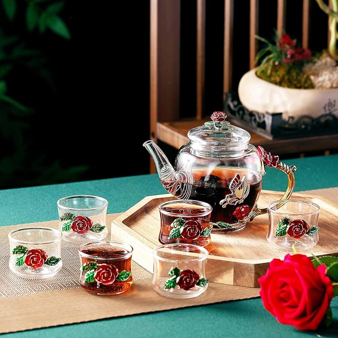 7 Pcs Floral Glass Tea Set Women Christmas Teapot Set for Adults Glass Tea Gift for Mom Party Mother's Day Birthday, Fancy Pot Cups with Gift Box(Red) - Bloomnest