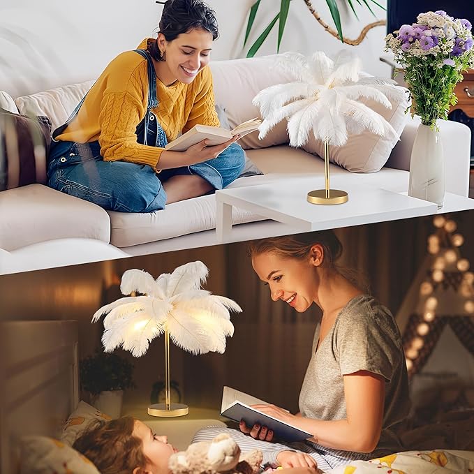 MAYOLA Modern Ostrich Feather Table Lamp with Plug in Wire,3-Light Bedside Floor Lamp for Living Room, Bedroom and Office 24” Tall Feather Desk Lamp (White, Table Lamp-Metal) - Bloomnest