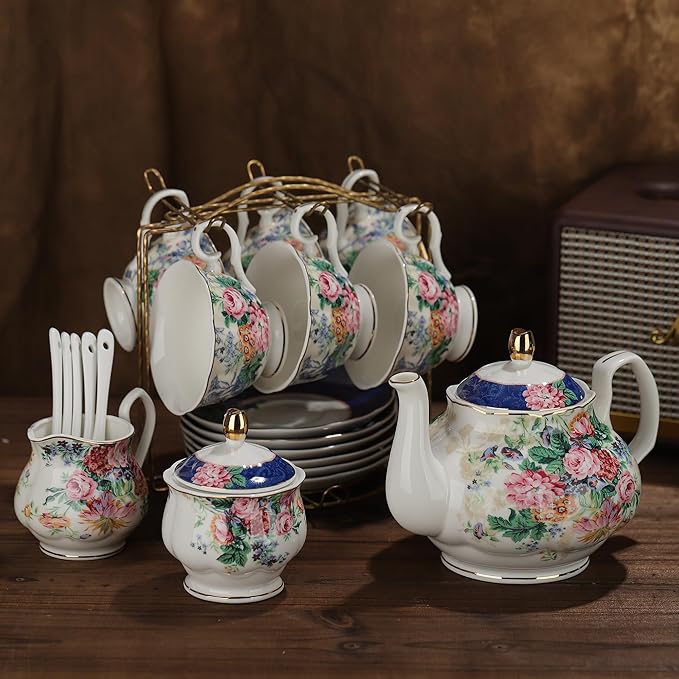 fanquare 21-Piece Blue Lace Porcelain Tea Set, China Coffee Cup and Saucer Set for 6, Pink Flower Tea Sets for Adults Women - Bloomnest