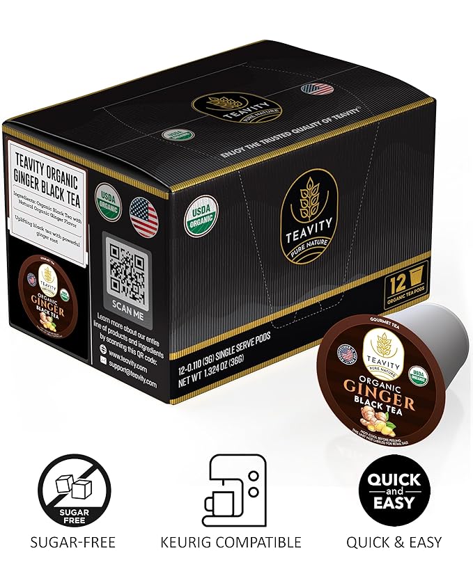 Organic Ginger Tea Pods for Keurig with Unsweet Black Tea for K Cup Brewing - Ginger Black Tea by Teavity (12 Tea Pods) - Bloomnest