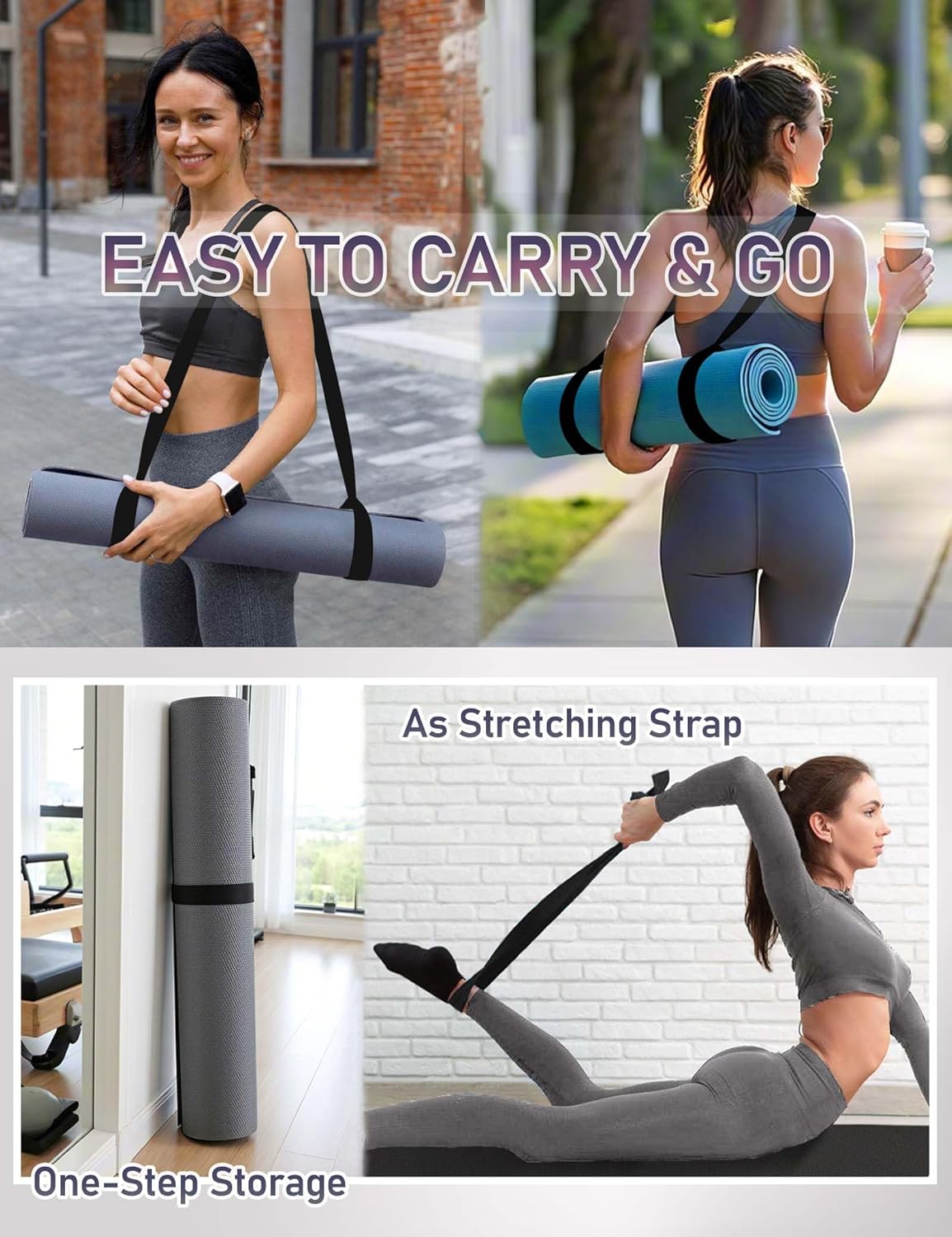 MRZZATA Yoga Mat Carrier Strap Long - Adjustable Thick and Wide Strap for Carrying Mat or Stretching, Black