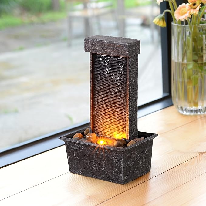 Straight Panel Tabletop Water Fountain LED-Lit – Indoor/Outdoor Decorative Waterfall Feature with Soothing Lights & Flowing Water for Home, Office, or Garden Décor - Bloomnest