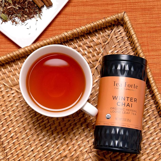 Tea Forte Winter Chai Premium Loose Leaf Caffeine-Free Herbal Tea Blend Canister, Makes 35-50 Cups, Round Canister - Bloomnest
