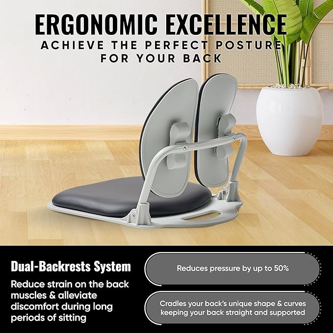 Made in Korea Dual-Backrests Ergonomic Floor Chair With Back Support - Meditation, Gaming, Reading Chair for Adults, Foldable (Black Leather) - Bloomnest