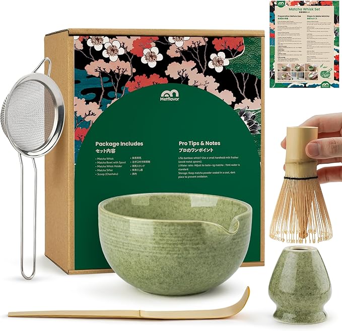 Matcha Whisk Set, Handcrafted Bamboo Chasen & Ceramic Bowl Matcha Kit, Complete 5 Pcs Matcha Set Whisk and Bowl W/Stainless Steel Sifter, Bamboo Scoop & Holder for Matcha Tea Ceremony (Mottled Green) - Bloomnest