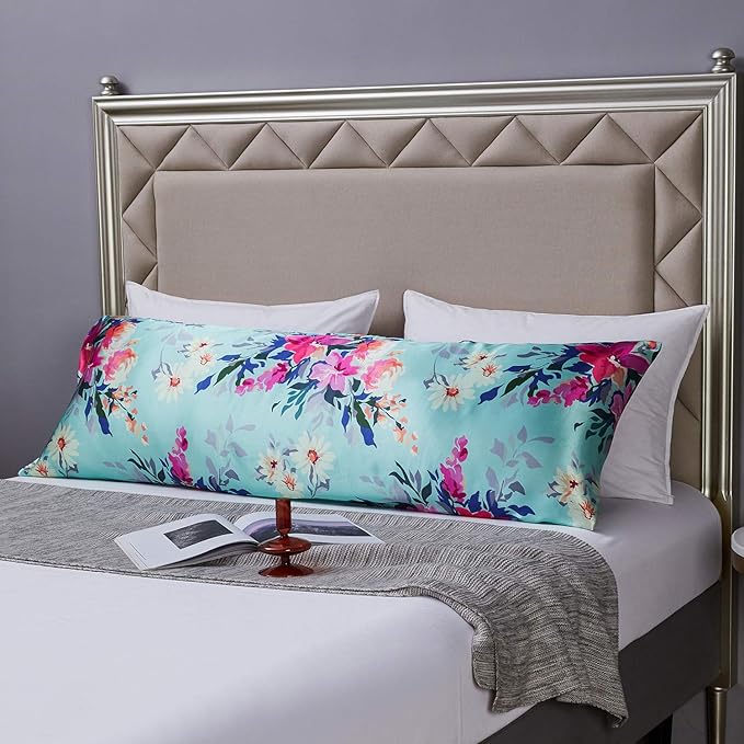 MR&HM Satin Body Pillow Cover, Soft and Breathable Body Pillow Case with Envelope Closure, Cooling and Silky Long Pillowcase for Hair and Skin,Grey (20x54, Floral Green) - Bloomnest