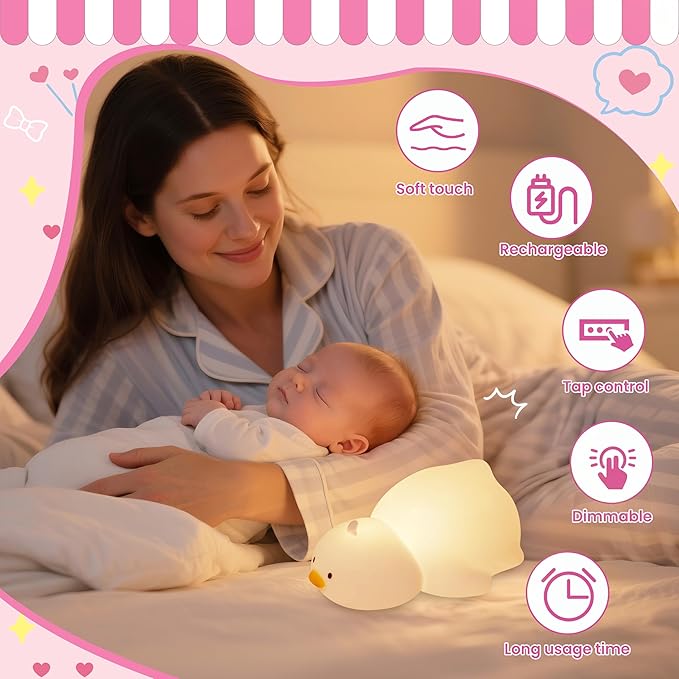Night Light for Kids, Rechargeable Dimmable Silicone LED Nightlight with 7 Colors, Baby Nursery Night Lamp, Touch Squishy Lamp, Cute Gifts for Girls, Boys, Toddler Room Decor, Lying Duck - Bloomnest