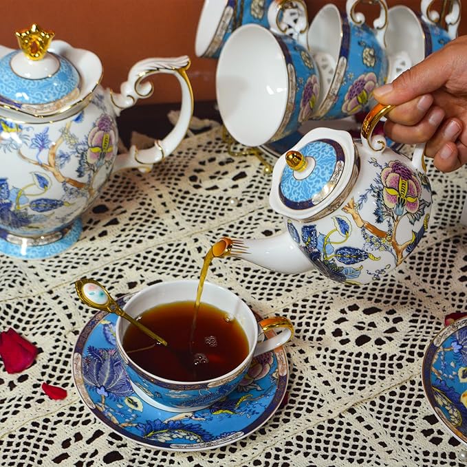 ACMLIFE Tea for One Teapot and Cup, Vintage Floral Porcelain Tea Set for One, Bone China Teapot with Cup Set, Tea Pot Gift for Women (Blue-A) - Bloomnest