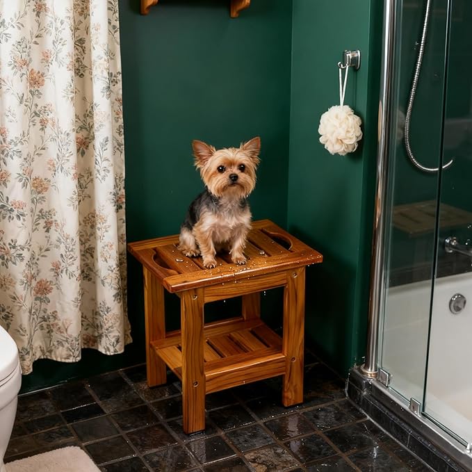 Utoplike Teak Shower Stool, Compact Shower Bench with Shelf & Handle, Foot Rest for Shaving Legs, 2-Tier Small Wooden Bath Seat with Non-Slip Feet for Bathroom, Bathtub, or Outdoor Use - Bloomnest