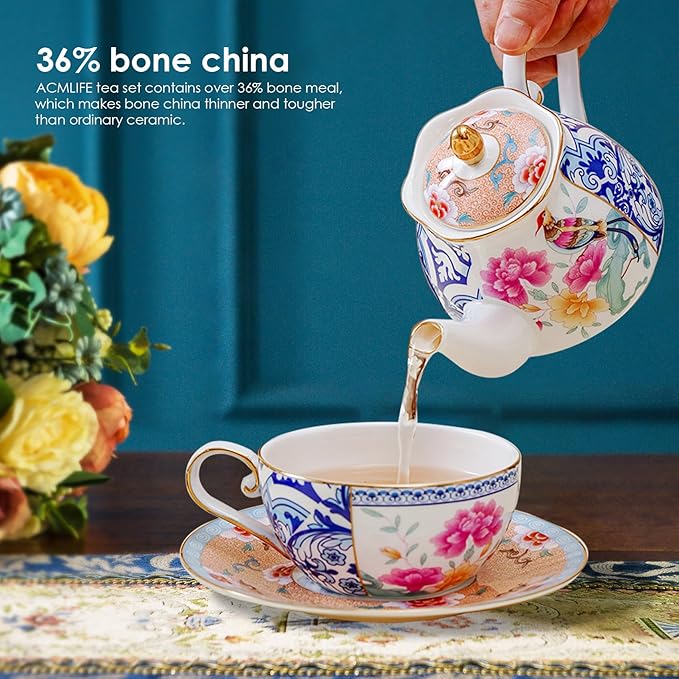 ACMLIFE Tea for One Teapot and Cup, Vintage Floral Porcelain Tea Set for One, Bone China Teapot with Cup Set, Tea Pot Gift for Women (Blue-C) - Bloomnest