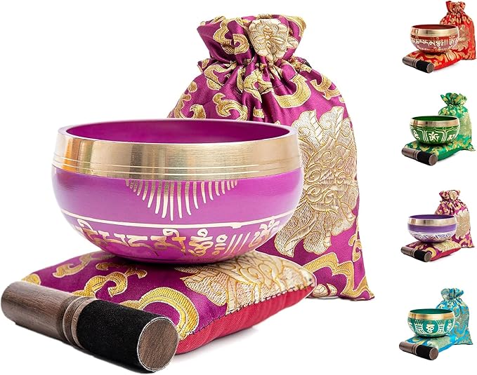 Tibetan Singing Bowl Set - Easy To Play for Beginners - Authentic Handcrafted Mindfulness Meditation Holistic Sound 7 Chakra Healing Gift by Himalayan Bazaar (Orchid) - Bloomnest