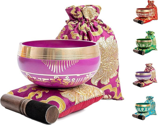 Tibetan Singing Bowl Set - Easy To Play for Beginners - Authentic Handcrafted Mindfulness Meditation Holistic Sound 7 Chakra Healing Gift by Himalayan Bazaar (Orchid) - Bloomnest