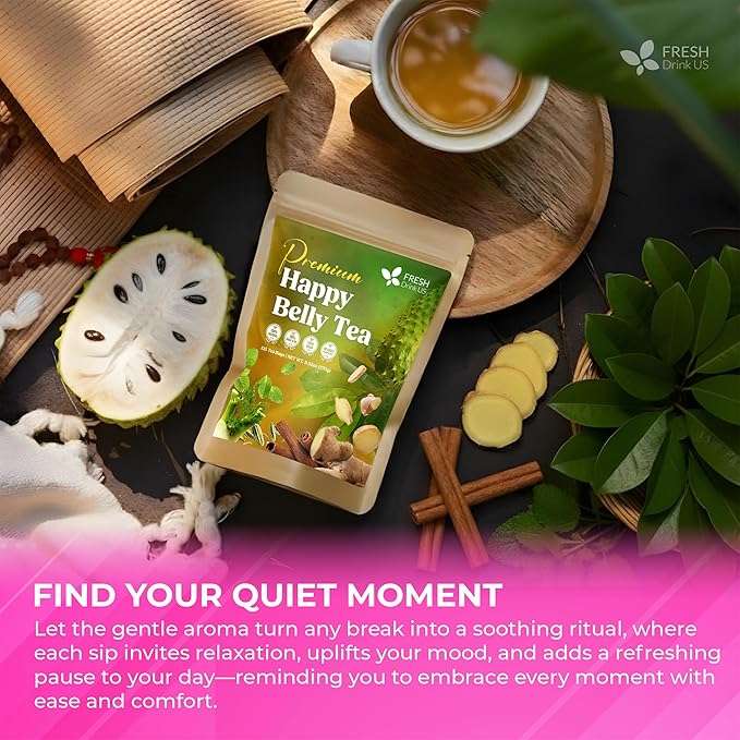 FreshDrinkUS, Premium Happy Belly Tea | 135 Tea Bags | Herbal Tea Blend with Soursop Leaves, Ginger, Fennel Seed, Lemon Balm, Cinnamon, Papaya Leaves & Rose Hip – Naturally Caffeine Free. Sugar Free - Bloomnest