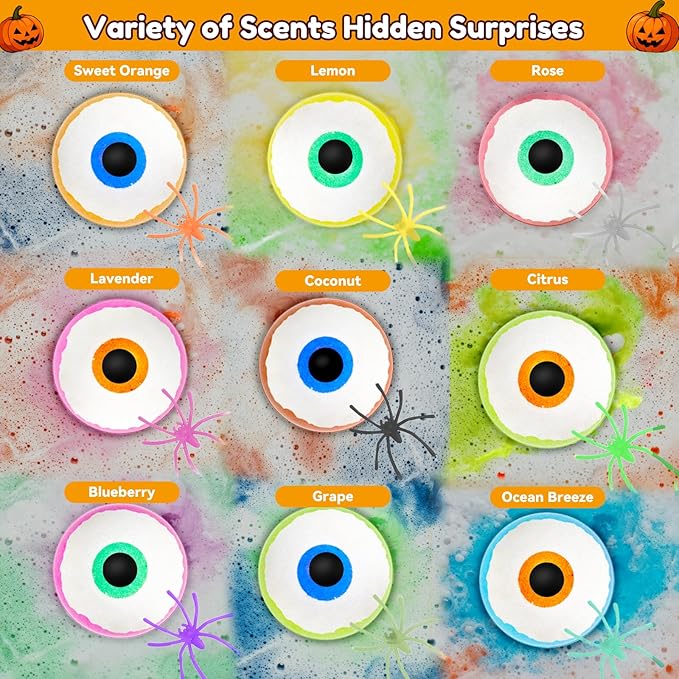 Halloween Bath Bombs for Kids Gifts: 9 Pcs Eyeball Bath Bomb with Toys Inside Surprise Spider Light up Bath Toy Spooky Basket Stuffers for Kid Boys Girls Ages 3+ Bubble Fall Shower Steamers Bathroom - Bloomnest