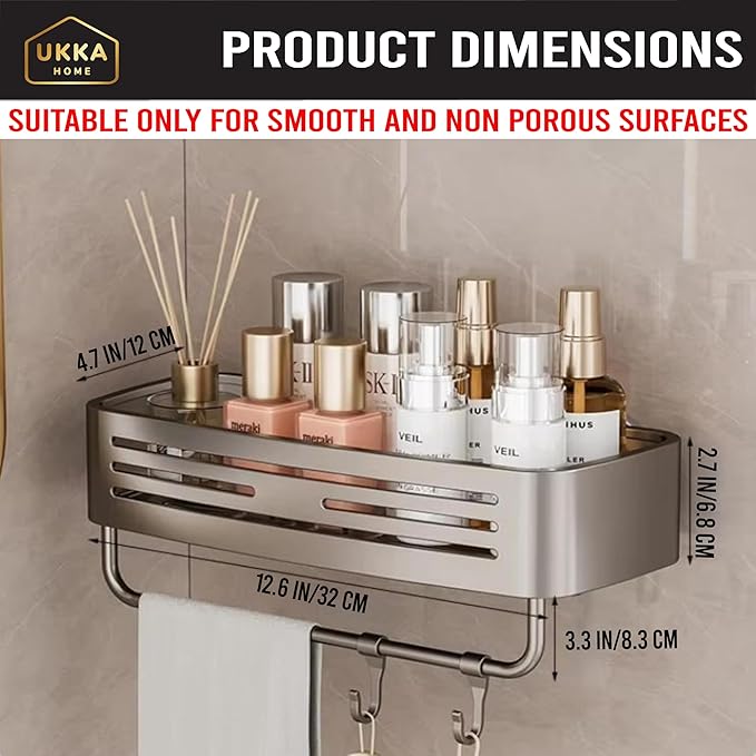 Suction Cup SQUARE Shower Caddy with Hooks and Towel Bar for Bathroom. Aluminum, Reusable, Rustproof, No Drill, No Tools, No Glue. Multifunctional, Hang Towel, Loofah, Sponge (2 Pack, Gray) - Bloomnest