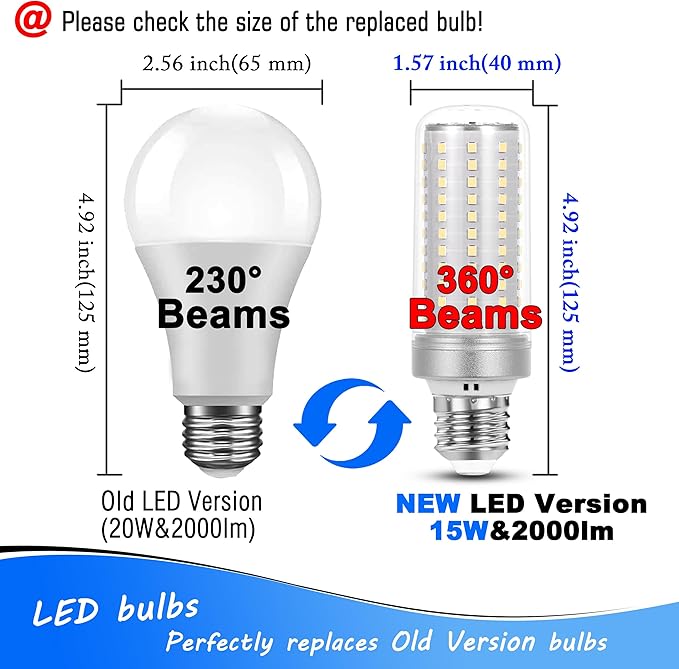 1.57 x 4.92 inch Big E26 LED Bulbs 15W LED Corn Light Bulbs 150 Watt Equivalent 2000 Lumen 6000K Daylight White for Outdoor Home attic Corridor Garage Warehouse Candelabra Ceiling Fan LED Bulbs,2Pack - Bloomnest