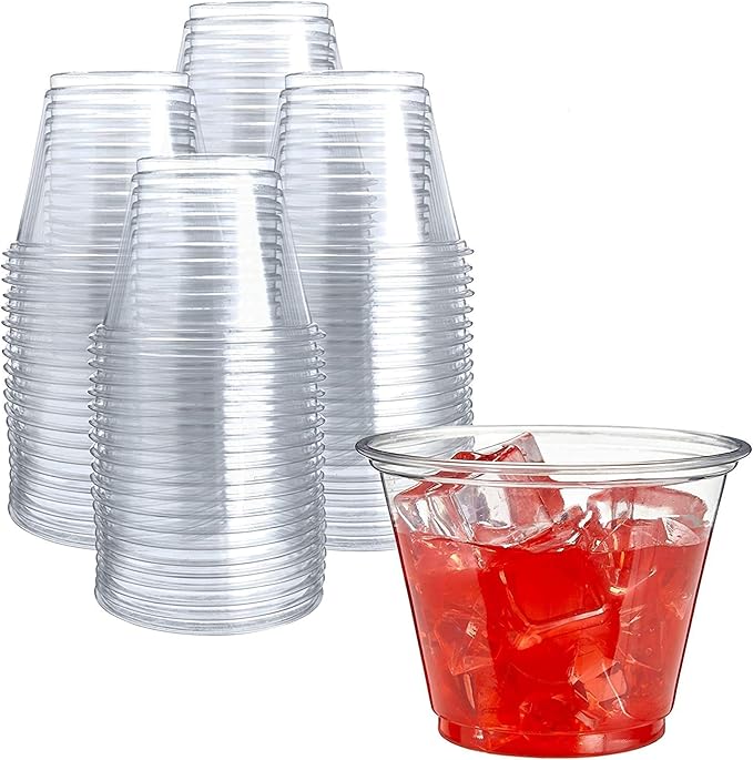 Prestee Clear Plastic Cups – 9oz Disposable PET Water, Wine, and Drink Glasses – Crystal Clear, Durable, Recyclable Party Cups – 100 Count for Holiday, Events, Coffee Shops, Restaurants - Bloomnest