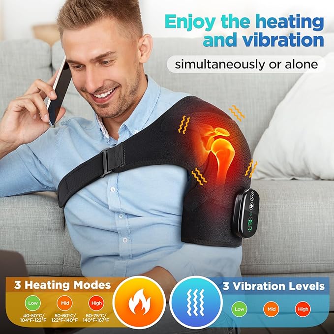 Cordless Portable Shoulder Heating Pad & Massager, Heating Vibration Shoulder Wrap, Shoulder Brace for Pain Relief, Rotator Cuff Support for Men & Women, Black - Bloomnest