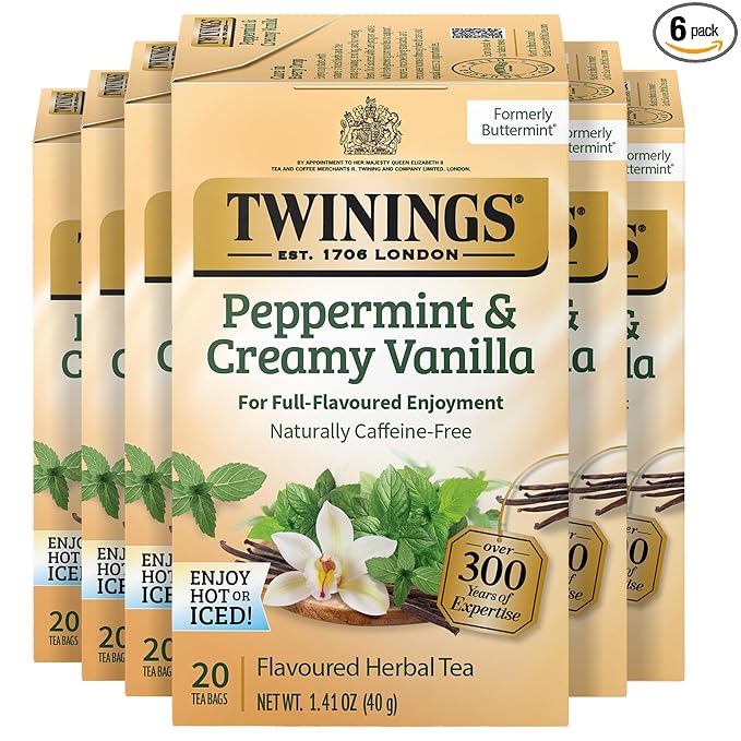 Twinings Peppermint & Creamy Vanilla Herbal Tea Individually Wrapped Bags, 20 Count (Pack of 6), Formerly Buttermint, Naturally Caffeine-Free, Enjoy Hot or Iced, 120 Teabags - Bloomnest