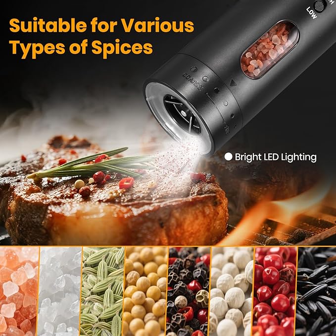 Rechargeable Salt Grinder Set Top-Refill Electric Grinders with Variable Grinding Speed, External Adjustable Coarseness, Black - Bloomnest