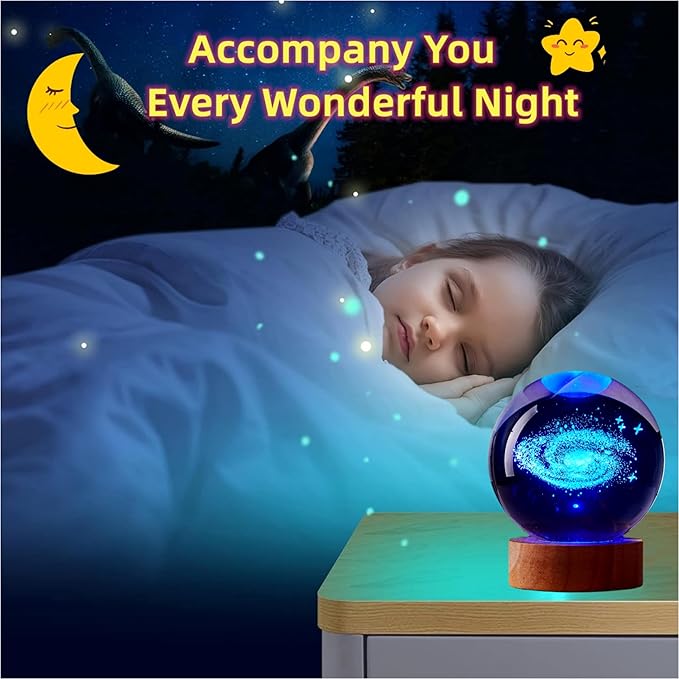 3.15 inch Galaxy Crystal Ball lamp,3D Solar System Crystal Ball Night Light with Wooden Base,16 Colors Change with Remote Control,Clear Glass Planet Light,Birthday Gift for Friends (Galaxy) - Bloomnest