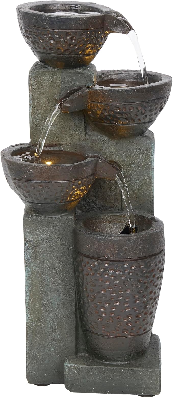 Alpine Corporation TZL412 14" Stoned Jar Cascading Water Fountain with LED Lights – Elegant Tabletop Water Feature for Home, Office, Living Room, Bedroom, and Desk Décor, Gray - Bloomnest